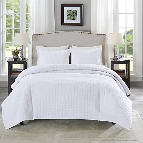Comfort Spaces Kienna Quilt Set-Luxury Double Sided Stitching Design Summer Blanket, Lightweight, Soft, All Season Bedding Layer, Matching Sham, White, Coverlet Full/Queen(90"X90") 3 Piece #TOP1