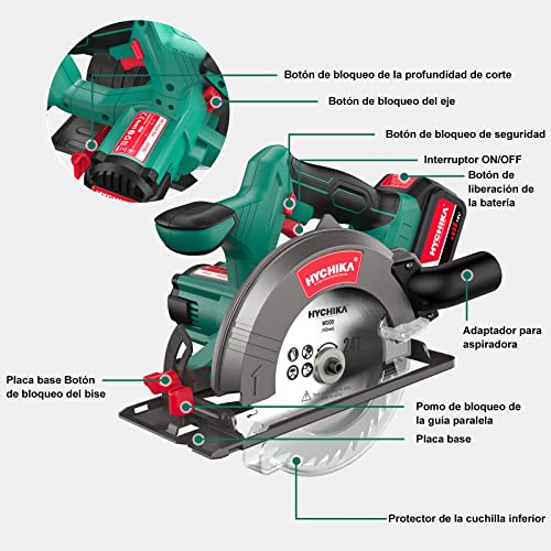 Sierra Circular, HYCHIKA 4000RPM 18V Sierra Circular Eléctrica con Batería Li-ion 4.0Ah, Profundidad de Corte 90º (53mm)/45º (36mm), 2 Hojas (24T/40T) 165mm, para Madera, Plástico, Metal Blando