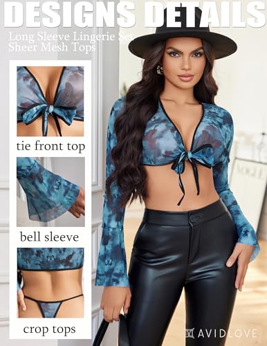 Image of Avidlove Sheer Cardigan for Women Mesh Shrug Bolero Y2K Tie Front Tops Rave Outfits Short Shawl Top with Free G-String