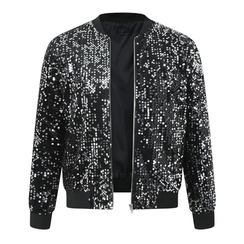 Herren Pailletten Bomberjacke Jacke 70er Baseball Disco Metallic Nachtklub Party Kostüm Herren Langarm Pailletten Kleid Glitzer Hemd 70er Disco Party Herrn Glitzer Blazer Männer Bomberjacke Jacke