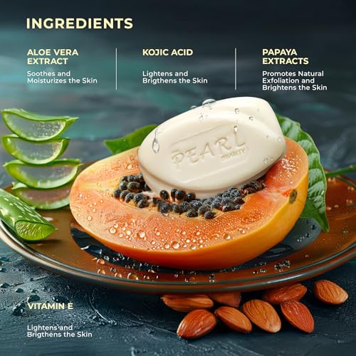Image of Pearl Whitening Soap with Kojic Acid & Papaya | Skin Brightening Bar for Dark Spots, Acne Scars, Pigmentation | Deep Cleanser for All Skin Types | 3 x 75g Soaps