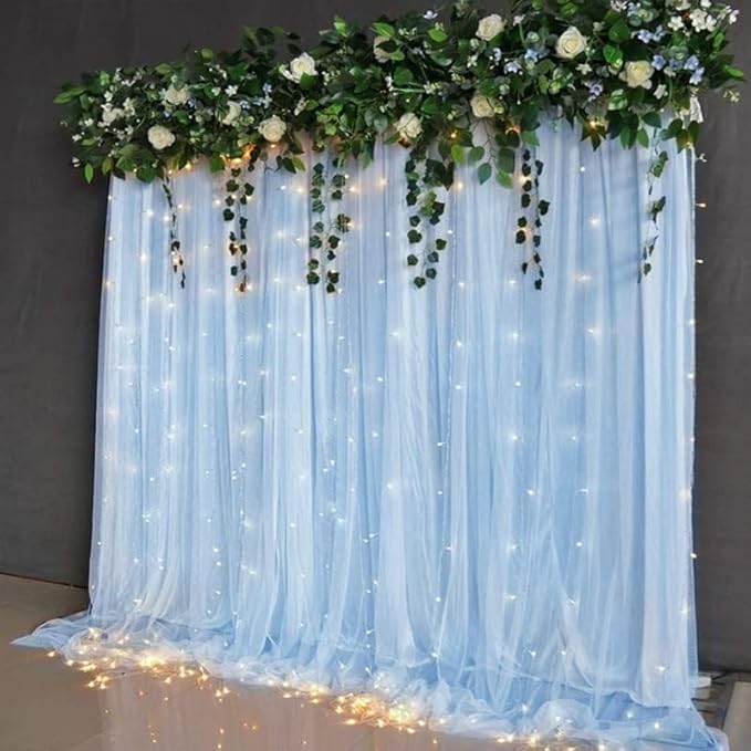Traditional Backdrop Decoration Fabric | Sky Blue Net Curtain | Decoration Cloth for Wedding, Birthday, Party Decor | 2 Pcs (Sky Blue)-image-29