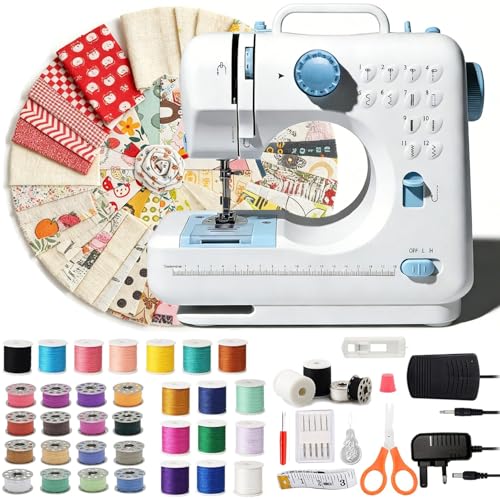Sewing Machine 505 for Beginners with 50Pcs Cloth Piece 12 Stitches Double Thread Electric Heavy Duty Sewing Machine Easy Sewing with 42Pcs Sewing Kit (White and Blue)