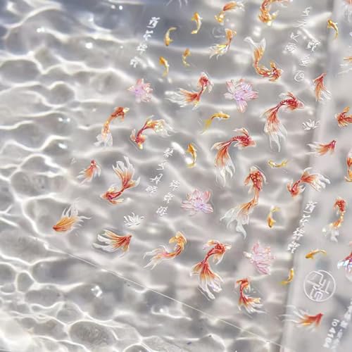 Image of 5D Embossed Goldfish Nail Art Stickers Lotus Flower Nail Decals Chinese Style Design Koi Fish Nail Stickers for Women Girls Kid DIY Manicure Supplies Charm Decorations Accessories