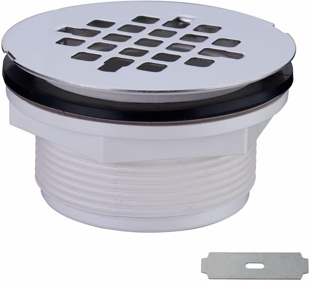 Brushed No Caulk Shower Drain, Hidrop PVC Compression Shower Floor Drain with 4-1/4" Stainless Steel Round Grid Strainer Cover, Brushed Nickel