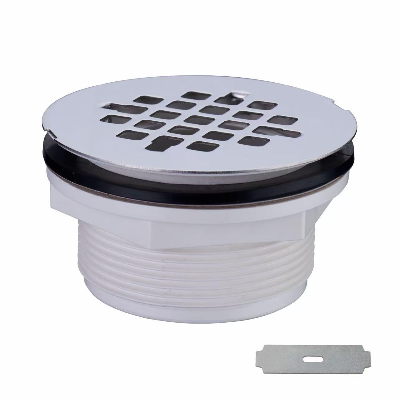 Brushed No Caulk Shower Drain, Hidrop PVC Compression Shower Floor Drain with 4-1/4" Stainless Steel Round Grid Strainer Cover, Brushed Nickel