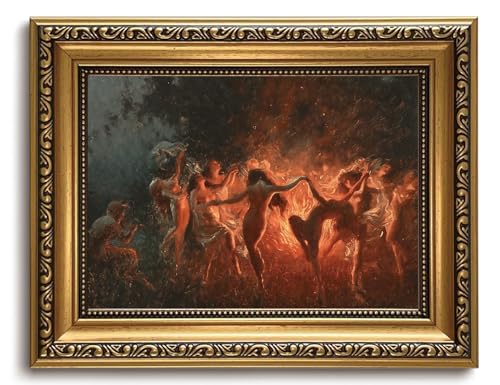 LHHJDIO Vintage Gold Framed Wall Art Gothic Fire Dance Canvas Art Fantasy Demonic Ritual Pictures Wall Decor Dark Academia Art Prints for Living Room Game Room Study