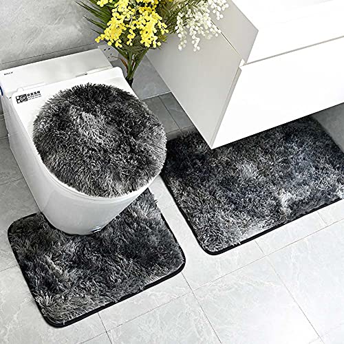 ARLTTH 3er Set Batik Badematten Set Aus Weichem Plüsch, rutschfest, Saugfähig, Badezimmerteppich, U-förmiger Konturteppich Und Toilettendeckelbezug, Waschbar (Schwarz)