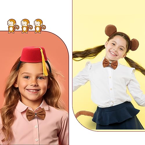 Ceenna 4 pcs Halloween Monkey Costume Set Felt Red Fez Hat Headband Monkey Ear Headband Bowtie and Tail for Cosplay Costume Party Supplies - Thumbnail 4