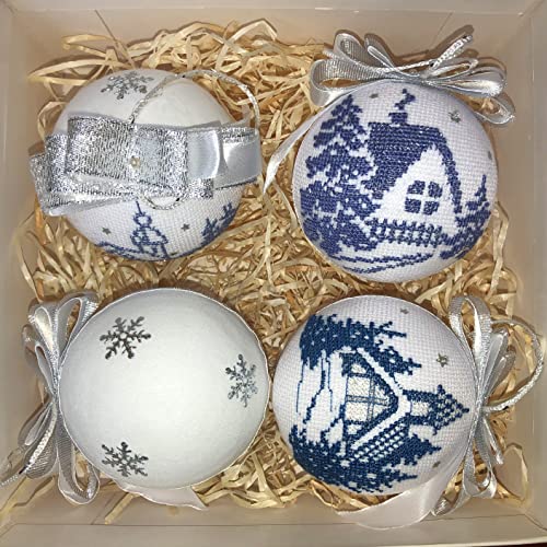 Christmas Ornaments Set Of 4 Embroidered Balls Christmas Tree Decorations Hanging Holiday Decor - Christmas Village #TOP7