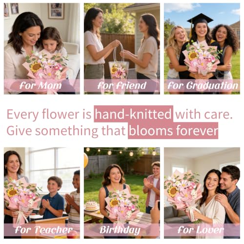 Crocheted Flower Bouquet, Pink Galsang Rose Sunflower Bouquet — view 6