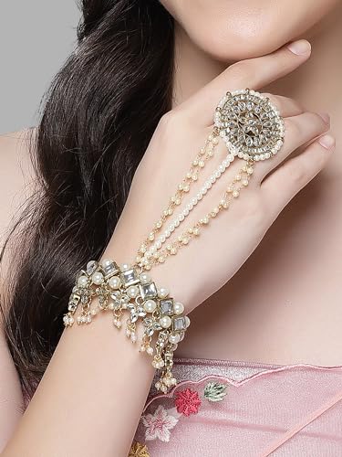 Image of Karatcart Gold Plated Baby Pink Pearl Chain Kundan Hathphool