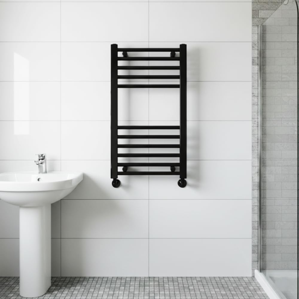 Toallero calefactor recto negro de 500 mm de ancho x 600 mm de alto, radiador central plano