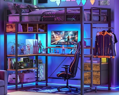 RALGEND Twin Loft Bed with Gaming Desk and RGB