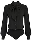 Women Bow Tie Neck Office Blouse Button Down Long Sleeve Bodysuits Blouse Top