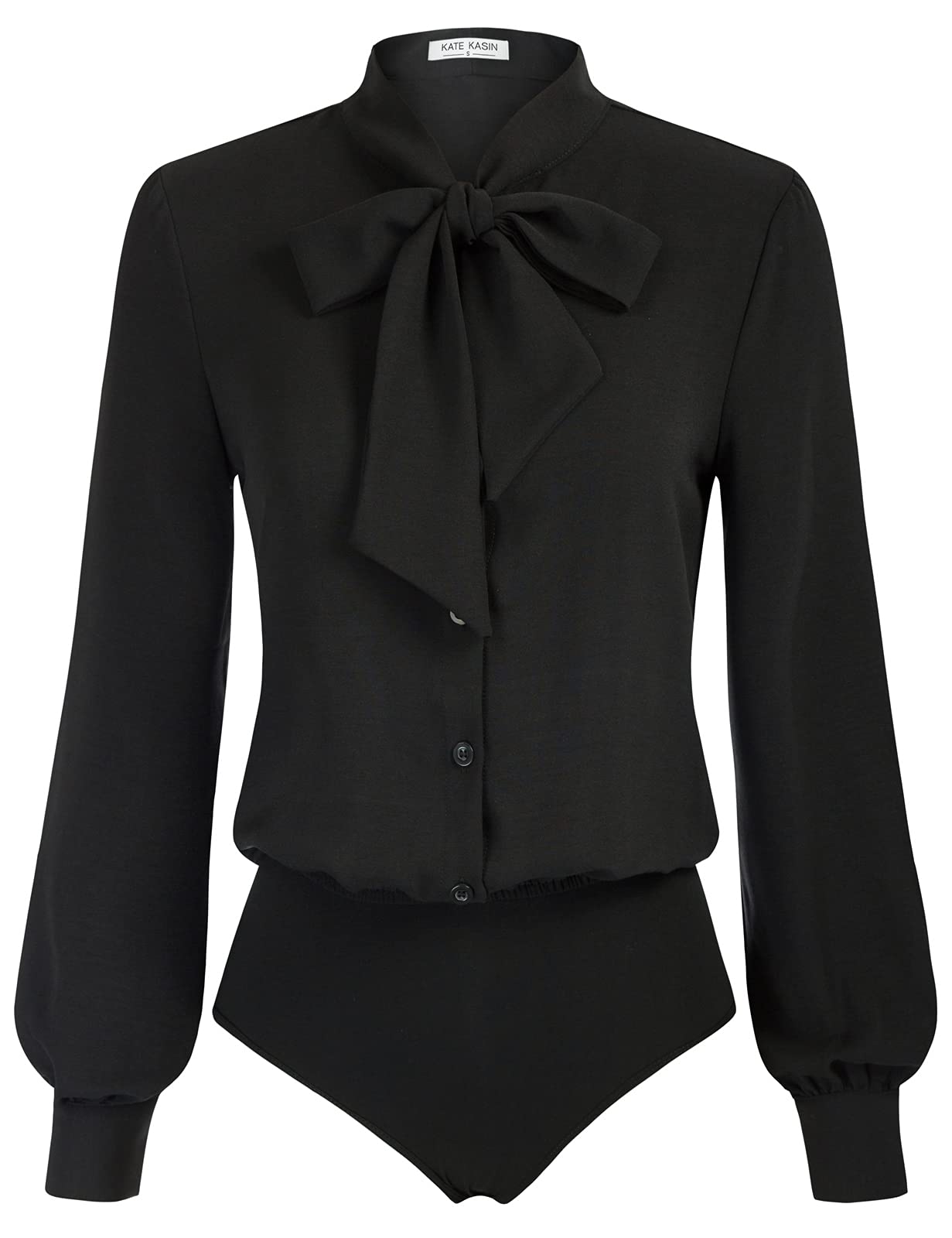 Kate Kasin Women Bow Tie Neck Office Blouse Button Down Long Sleeve Bodysuits Blouse Top