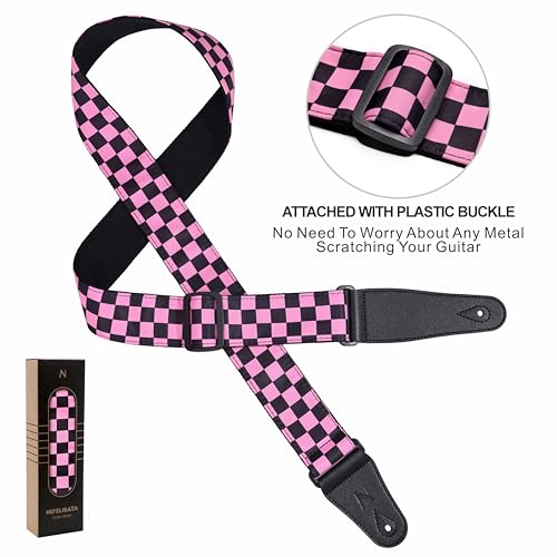 Nefelibata Guitar Strap-2" Wide Double Layer Cotton Original Design Adjustable Guitar Straps with Long Leather Ends for Bass, Electric & Acoustic, Best Gifts for Kids,Guitarists(Pink Checkerboard) by Nefelibata - Image 6