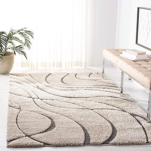 Image of Geometric Wave Shaggy Rectangular Carpet For Living Room,Bedroom,High Low Design Finish Microfiber 1.8 Inch Pile High,7X10 Feet Ivory|Grey Color