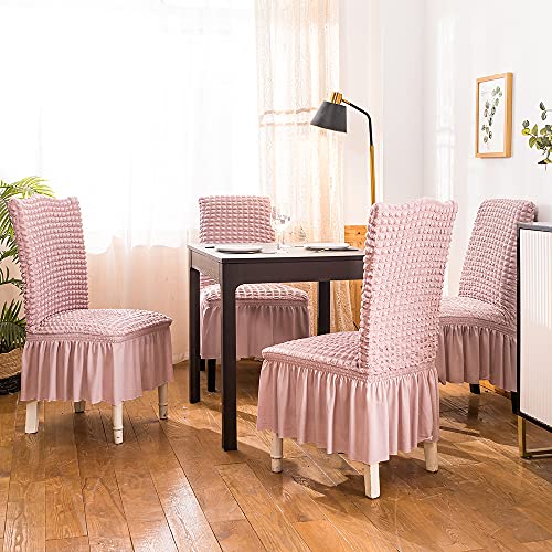 Dining Room Chair Slipcovers 1-Piece Stretch Pink Dining Chair Covers Non Slip Washable Furniture Protector With Skirt Country Style For Hotel Ceremony Party (Pink 1) #TOP2