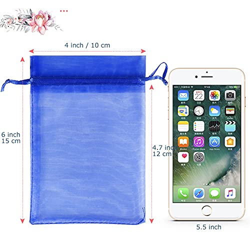 Image of HRX Package Royal Blue Organza Bags 100pcs, 4 x 6 inch Mesh Drawstring Gift Bags Jewelry Pouches Small Sachet for Christmas Candy Party Favor