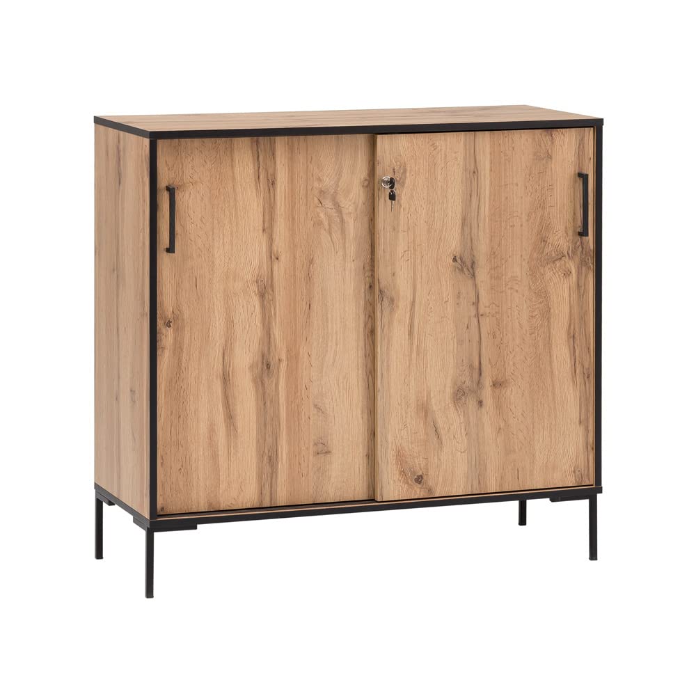Lomadox Büroschrank abschließbar in Eiche Landhaus Nb. mit Schiebetüren, B/H/T: 100,1/96,6/41 cm