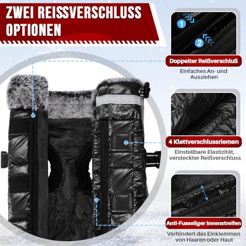 Eyein Wasserdichter Hundemantel mit Geschirr, Fleece Rollkragen Warme Hundewinterjacke mit doppeltem Reißverschluss, reflektierende Hundeschneejacke für kleine mittlere große Hunde, Schwarz, M