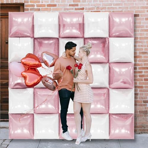 Image of Pearl Pink and White Double Sided Square Foil Balloons Wall,19 Inches Chrome Foil Balloons Tunnel Arch Kit for Girls Bachelorette,Anniversary,Wedding,Valentines Day Decorations