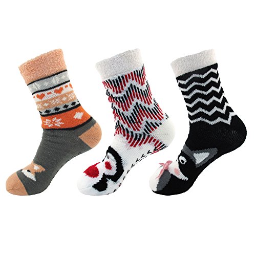 BambooMN Animal Double Layer Extra Thick Plush Super Soft Warm Fuzzy Comfy Cozy Home Socks, 3 Pairs Assortment M