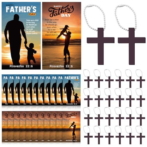 Misdary 24 Sets Happy Father's Day Gifts Wooden Cross Keychains with Bible Verse Pocket Cards Religious Christian Dad Gift Set Daddy Cross Gift Bulk for Church Man Father's Day Party Favor Supplies