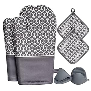 Oven Mitts and Pot Holders Sets 6pcs, Thick Cotton Oven Gloves High Heat Resistant 500℉with Extra Long Oven Mitts and Hot Pads Potholders with Non-Slip Silicone Surface for Cooking Baking