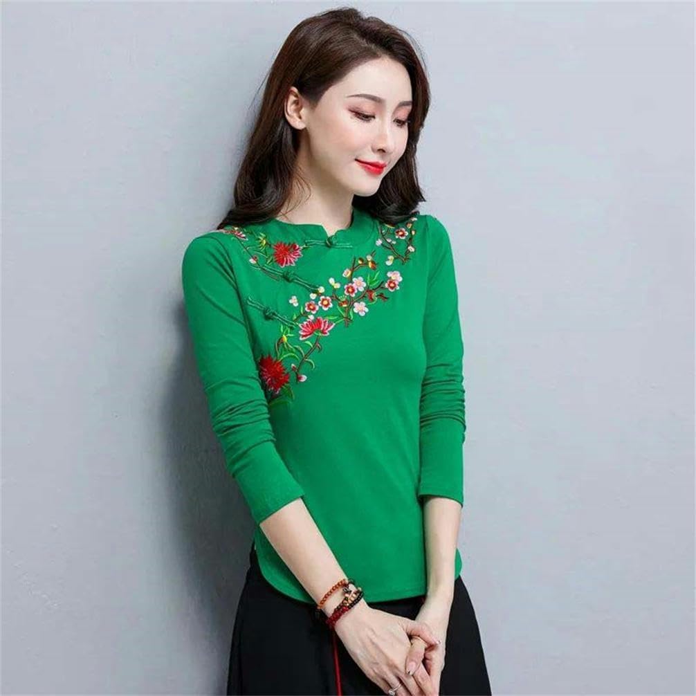 Embroidered Chinese Style mid-Sleeved National Style T-Shirt Cotton Slim Casual Women's arc Hem top