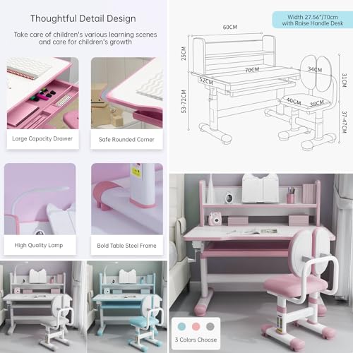 Juego de Escritorio y Silla para Niños de 3-16 Años, LYHOE Escritorio Infantil Ajustable con Silla, Mesa de Estudio Ergonómica con Tablero Inclinable, Luz LED, Cajón y Soporte para Libros (Rosa) - imagen 6