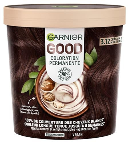 Garnier - Tintado permanente, sin amoniaco, 90 % de ingredientes naturales, manteca de karité, cobertura 100 % para cabello blanco - GOOD marrón oscuro baya 3.12