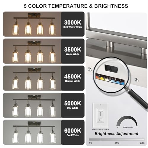Image of 5-Color Temperature 5-Light LED Track Lighting Fixtures Ceiling, Brushed Nickel Spotlight Bathroom Wall Lamp with Integrated LED Chips & Clear Glass Shade & Frosted Column