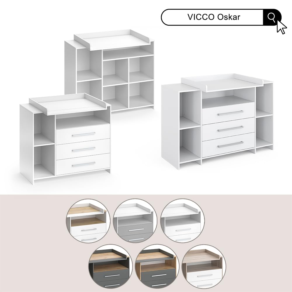 Vicco Cambiador Oskar, Antracita/Roble Dorado, 113 x 93 cm con 3 cajones, Convertible en cómoda Gracias al Cambiador extraíble