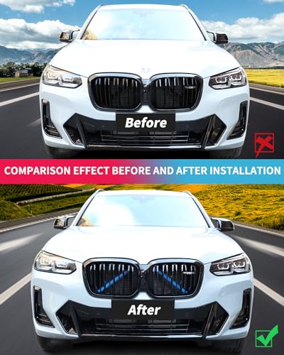 Image of X3 G01 Grille Insert Stripes Trim, Compatible with BMW X3 G01 F25 X4 G02 F26 X5 G05 F15 E70 X6 G06 F16 E71 X7 G07 V-Brace Wrap Covers Grill Stripes, Front Grill Insert Trim - Blue