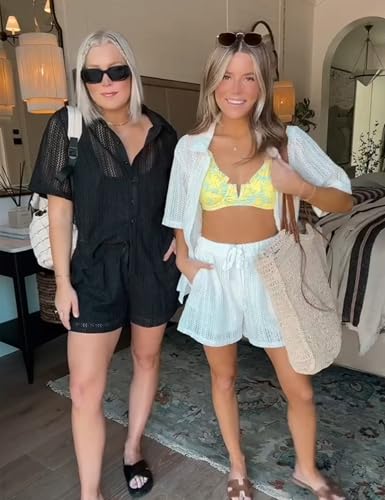 Two Piece Crochet Swimsuit Cover Ups for Women Hollow Out Knit Half Sleeve Tops Shorts Set4