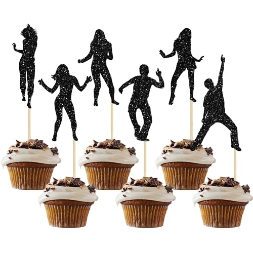 24Pcs Dancing Cupcake Toppers Glitter Dancing Hip Hop Theme Cake Toppers Birthday Cake Decoration for Wedding Anniversary Musical Party Supplies