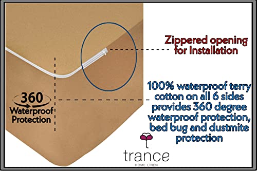 Image of Trance Home Linen All Six Side 100% Waterproof Cotton Terry Zippered Chain Mattress Protector | 360 Bed Bug Protection - Dust Mite Proof - Waterproof Bed Protector (72x84x8 inch, Brown)