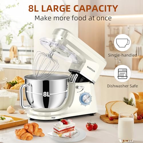 Image of Dough Mixer 8.45 QT Electric Mixer - 660W 6 Speed Large Capacity Kitchen Stand Mixer with Whisk Dough Hook Mixing Beater Household Food Mixer for Baking Cakes Cookie Bread Salad(White)