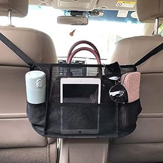 Funnty Car Net Pocket Organizer Handbag Holder Mesh Front Seat Arm Rest Organizer Large Capacity Cargo Net for Bag, Purse Storage, Phones Documents Pocket, Barrier of Back Seat for Pet Kids,Black
