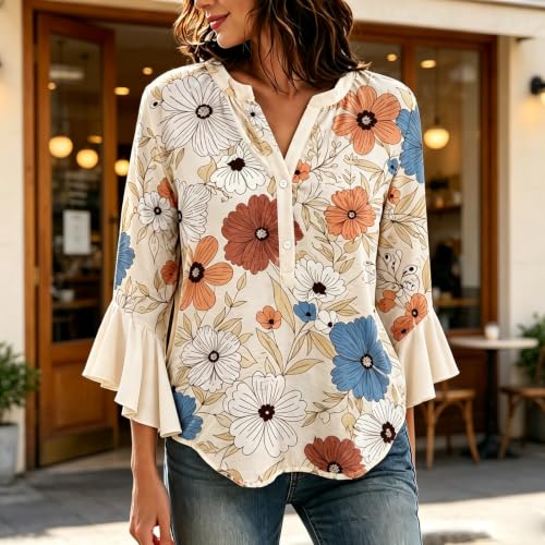 Boho Floral Printed Ruffle Bell Sleeve Tops Casual V-Neck Blouses - image 2