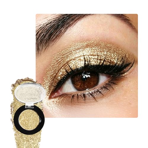 Gold Glitter Chrome Eyeshadow, High Shine Gold Shimmer Metallic Eye Shadow Palette for Dark Skin, High Coverage Long Lasting Smooth Golden Sparkly Eyeshadow for Daily, Party, Wedding, Stage, Vegan #2H