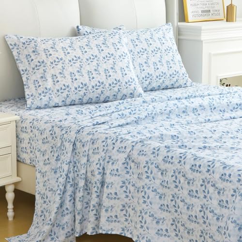 Image of MUXHOMO Queen Size 4 Piece Sheet Set, Soft Breathable Bed Sheet Set for Bedroom with Deep Pocket Up to 16 inch, Wrinkle-Free & Cooling Bedding for Oeko-TEX Certified - Blue Leaves