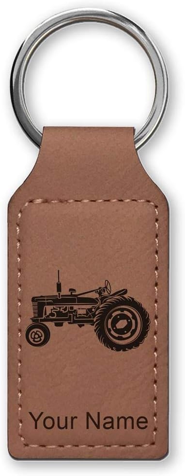 LaserGram Rectangle Keychain, Old Farm Tractor, Personalized Engraving Included (Dark Brown)
