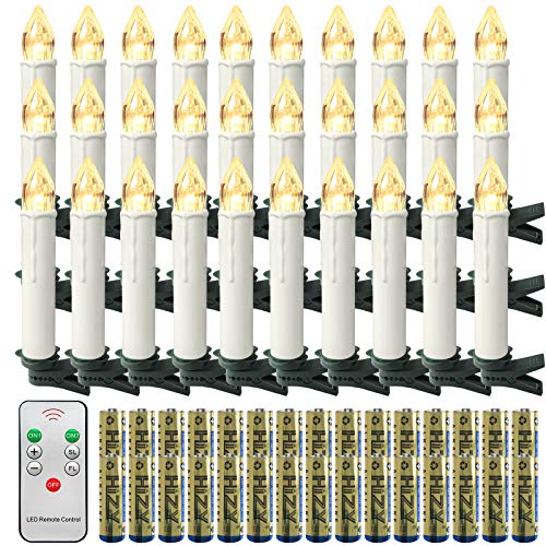 Froadp LED Candele Senza Fiamma per Albero di Natale Mini Candele Natalizie Bianche Caldo Candele a Batteria Set con Telecomando Senza fili e Rimovibili Clip(confezione da 30)