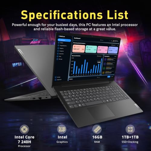 Image of Lenovo V15 Gen 5 15.6 inch FHD Business Laptop, Intel Core 7 240H, 16GB DDR5, 2TB Storage(1TB SSD+1TB Docking Station Set), Intel Graphics, Numeric Keypad, 720p HD Camera, Wi-Fi 6, Windows 11 Pro, Black