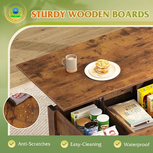 Image of WLIVE Lift Top Coffee Table with 2 Drawers, Large Storage, Brown | Mid Century Modern Wooden Coffee Table, for Dining /Living Rooms /Offices; 39.4 inchW x 19.5 inchD x 19.1 inchH