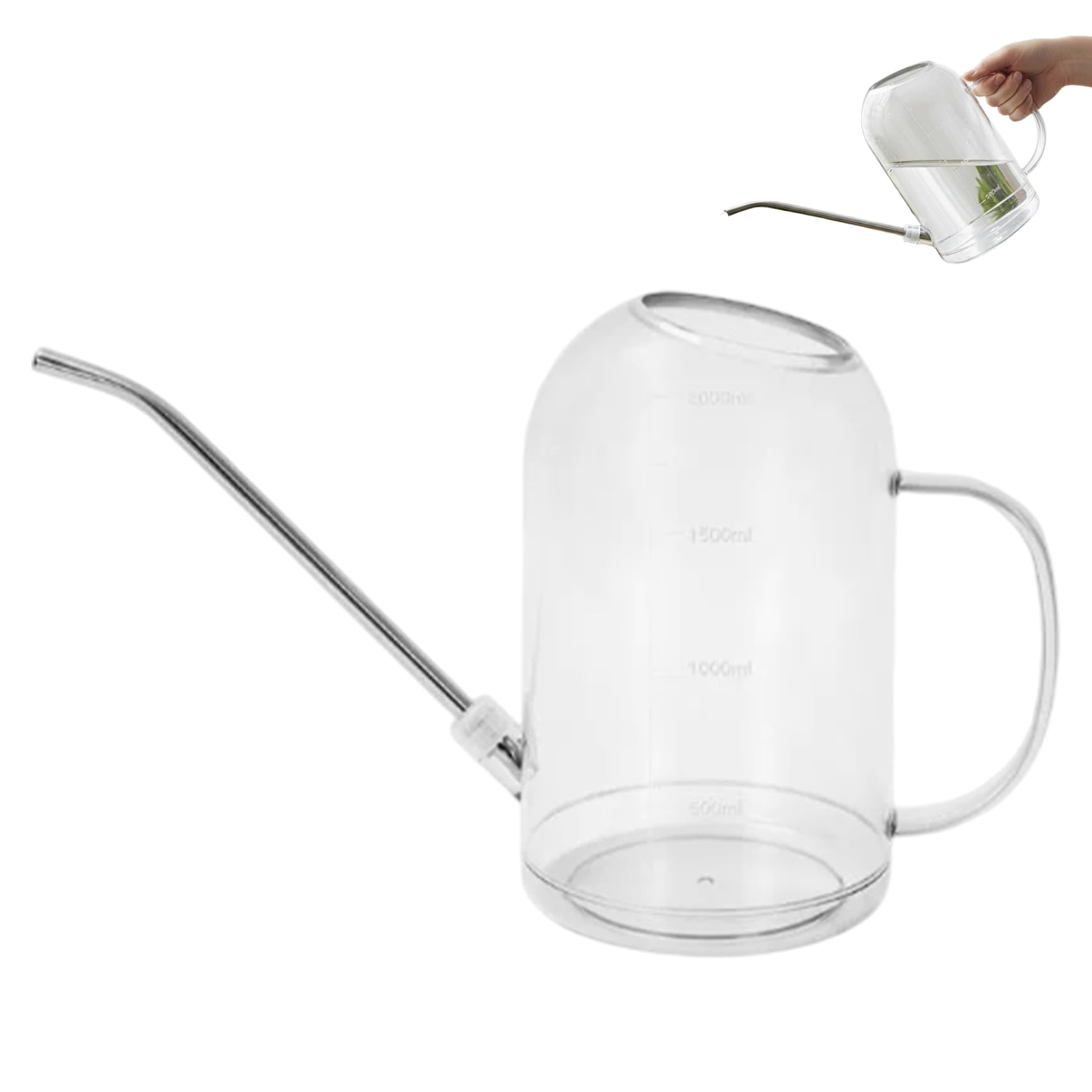 Regadera de Interior de 2 litros, regadera Transparente con Pico Largo de Acero Inoxidable, Mango y aspersor Desmontable para Plantas de Interior, balcón y jardín