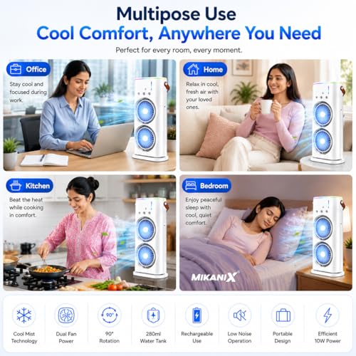 Image of MIKANIX Dual Fan Air Cooler with Mist Spray | Portable Cooling Fan, 90 Oscillation, Remote Control, RGB Ambient Lighting | USB Powred for Home, Office & Bedroom, 5 Years Warranty
